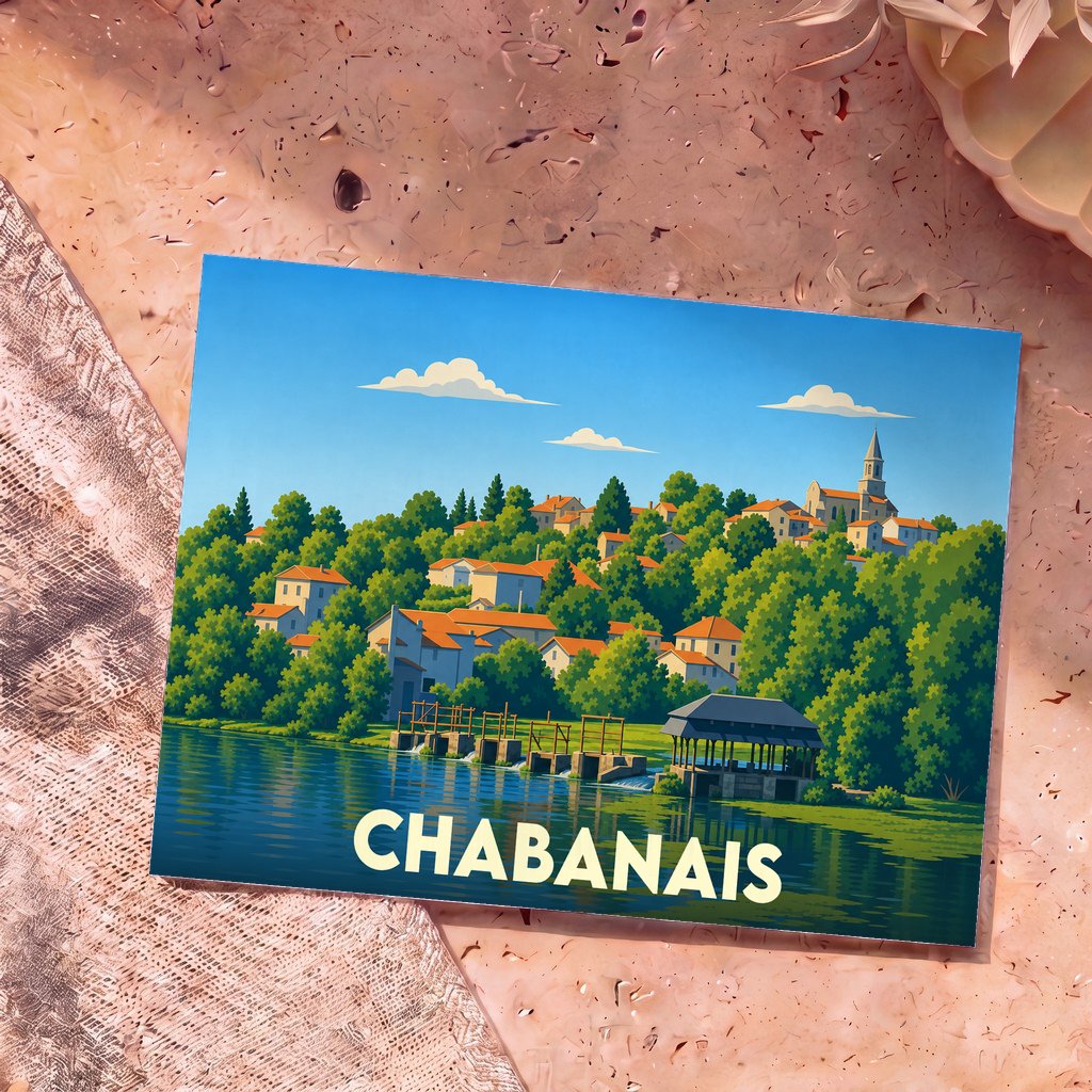 Carte postale souvenir de la ville de Chabanais avec une illustration stylisée d'un paysage fluvial.