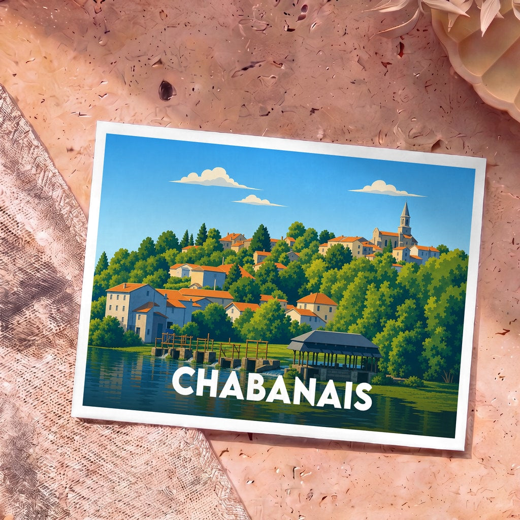 Carte postale souvenir de la ville de Chabanais avec une illustration stylisée d'un paysage fluvial.
