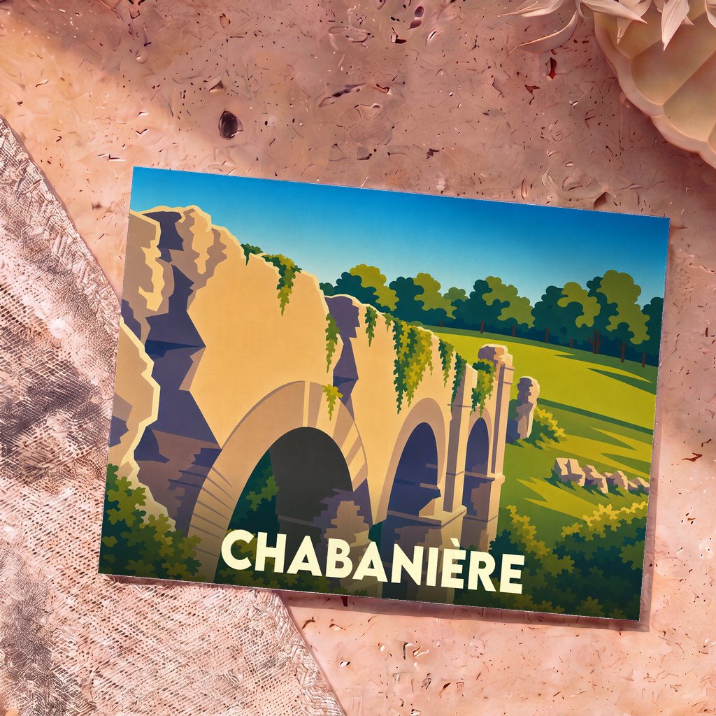 Carte postale souvenir de la ville de Chabanière avec une illustration stylisée de l'aqueduc romain.