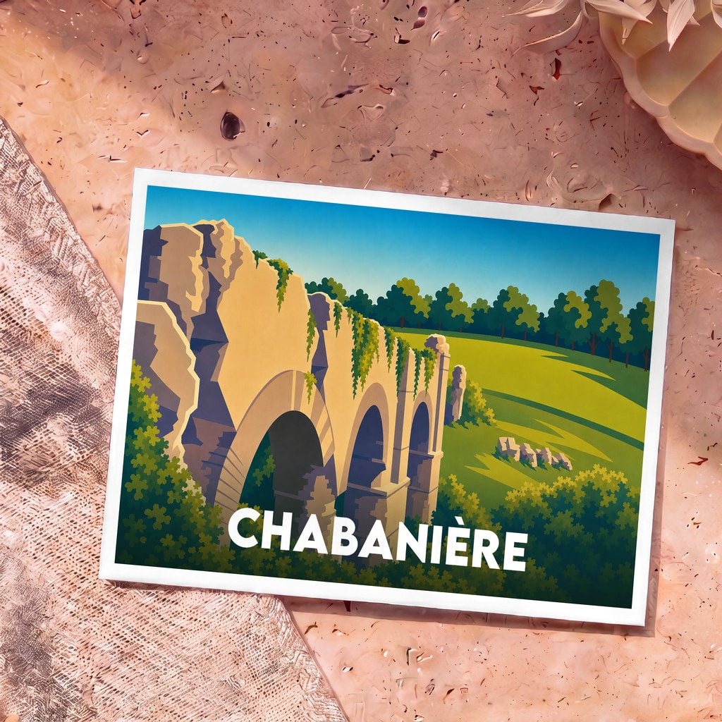 Carte postale souvenir de la ville de Chabanière avec une illustration stylisée de l'aqueduc romain.