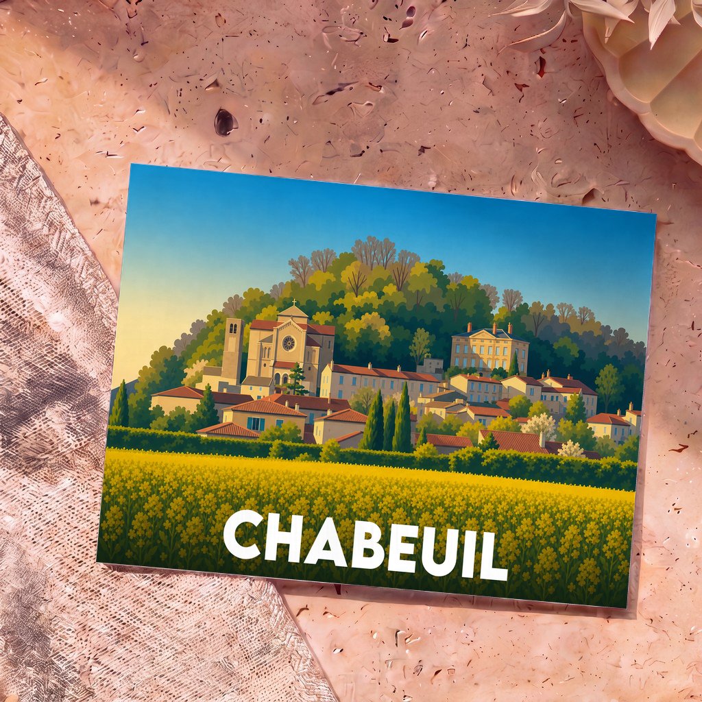 Carte postale souvenir de la ville de Chabeuil avec une illustration stylisée d'un village perché et d'un champ de fleurs.