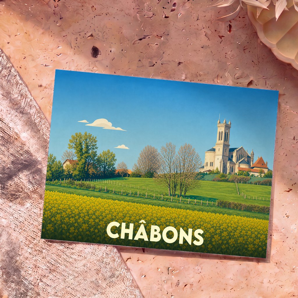 Carte postale souvenir de la ville de Châbons avec une illustration stylisée de son église et d'un champ de fleurs.