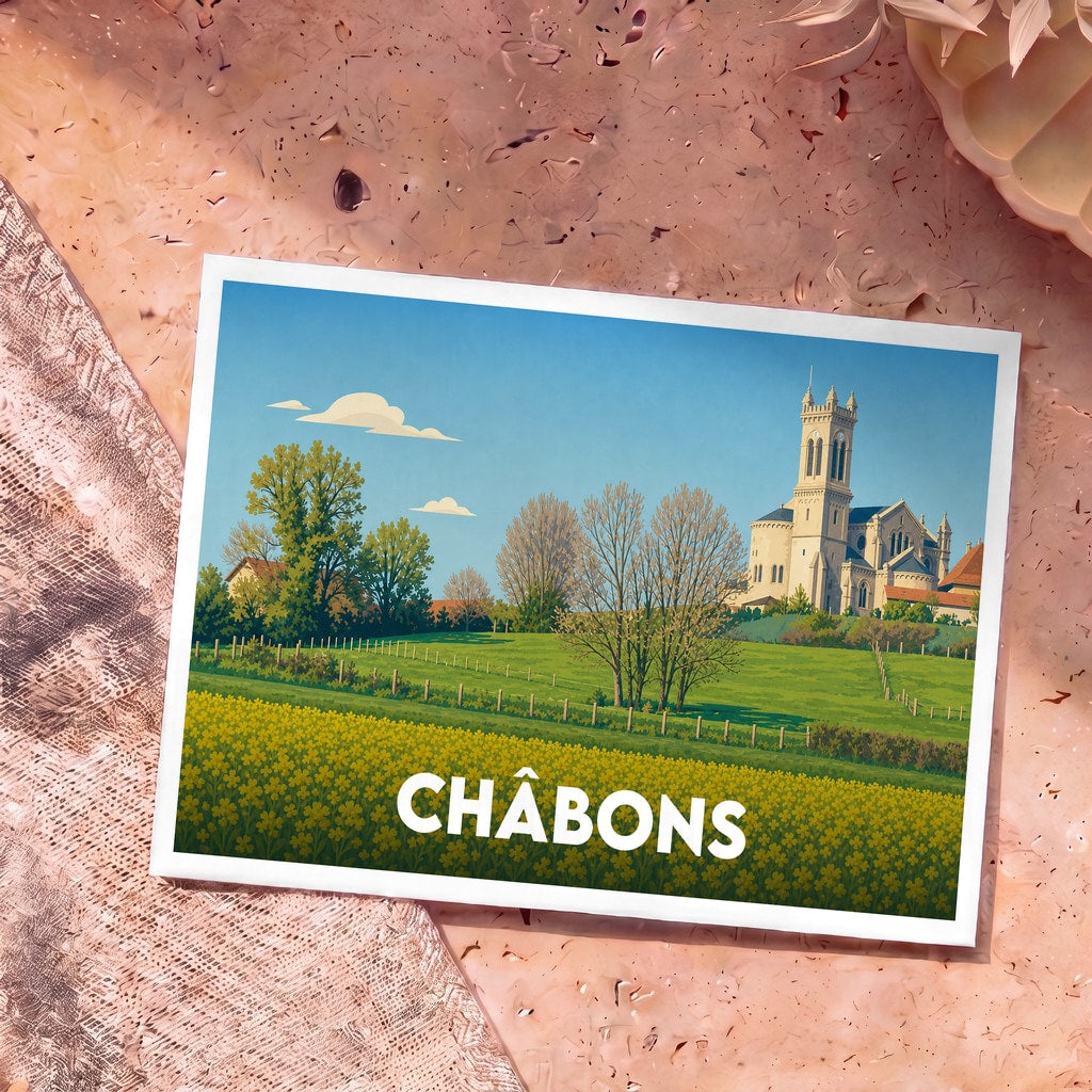 Carte postale souvenir de la ville de Châbons avec une illustration stylisée de son église et d'un champ de fleurs.