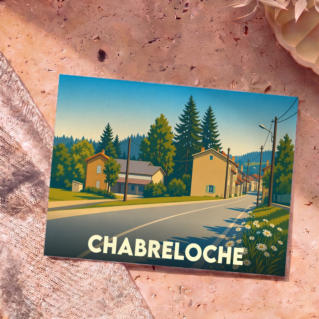 Carte postale souvenir de la ville de Chabreloche avec une illustration stylisée représentant une rue de village bordée de maisons et de sapins.