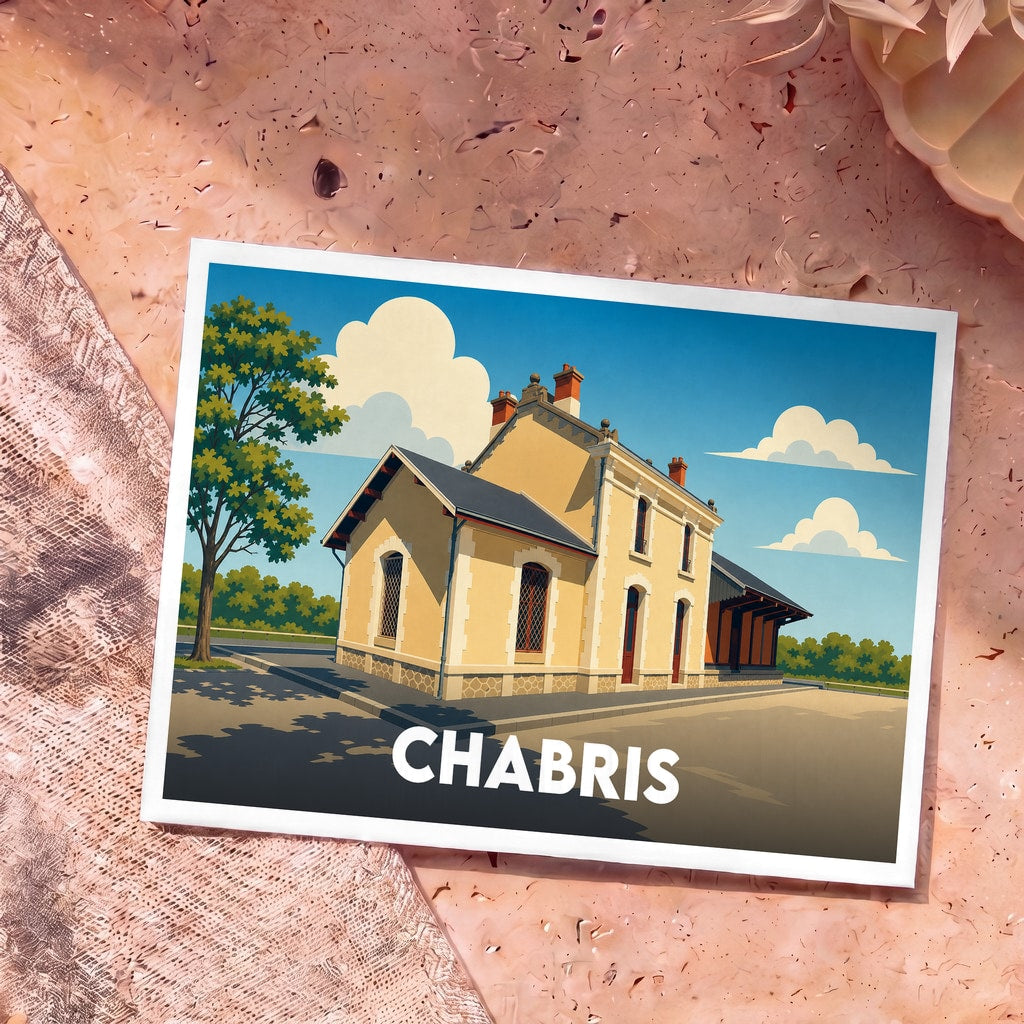 Carte postale souvenir de la ville de Chabris avec une illustration stylisée de sa gare.