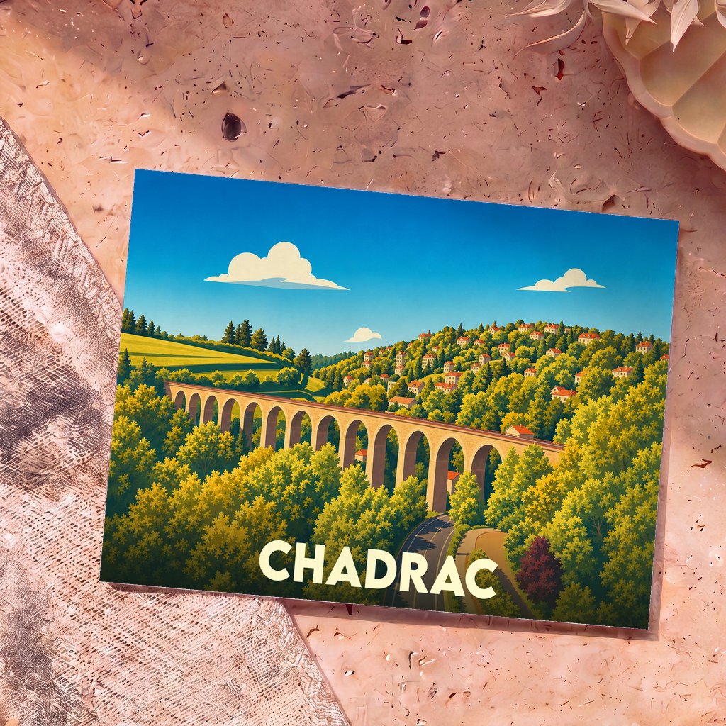 Carte postale souvenir de la ville de Chadrac illustrant son célèbre viaduc dans un style graphique et coloré.