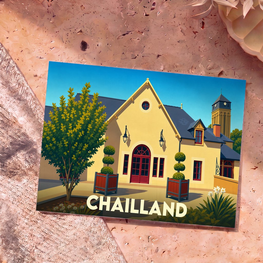 Carte postale souvenir de la ville de Chailland illustrant son architecture dans un style graphique épuré.