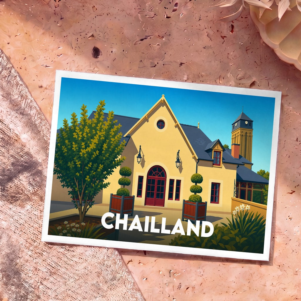 Carte postale souvenir de la ville de Chailland illustrant son architecture dans un style graphique épuré.