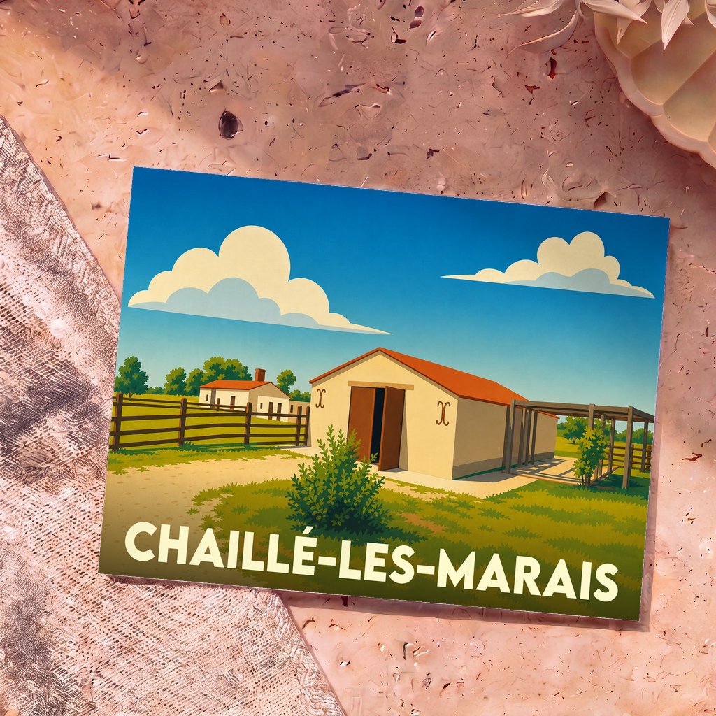 Carte postale souvenir de la ville de Chaillé-les-Marais illustrant un paysage rural stylisé.