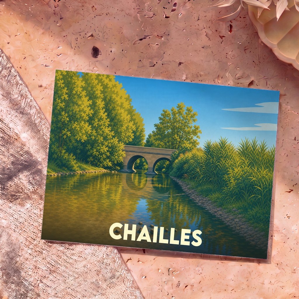 Carte postale souvenir de la ville de Chailles avec une illustration stylisée d'un pont de pierre traversant une rivière bordée d'arbres.