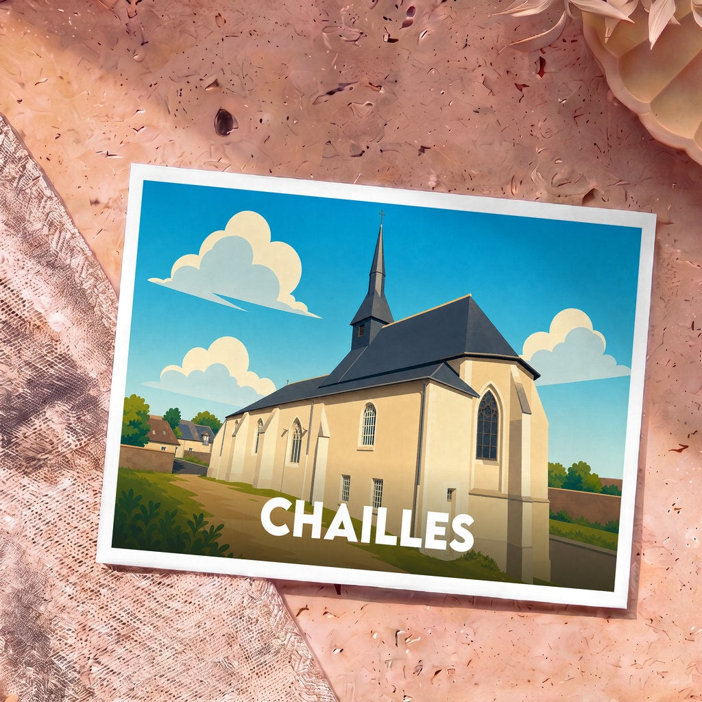 Carte postale souvenir de la ville de Chailles arborant une illustration stylisée de son église.