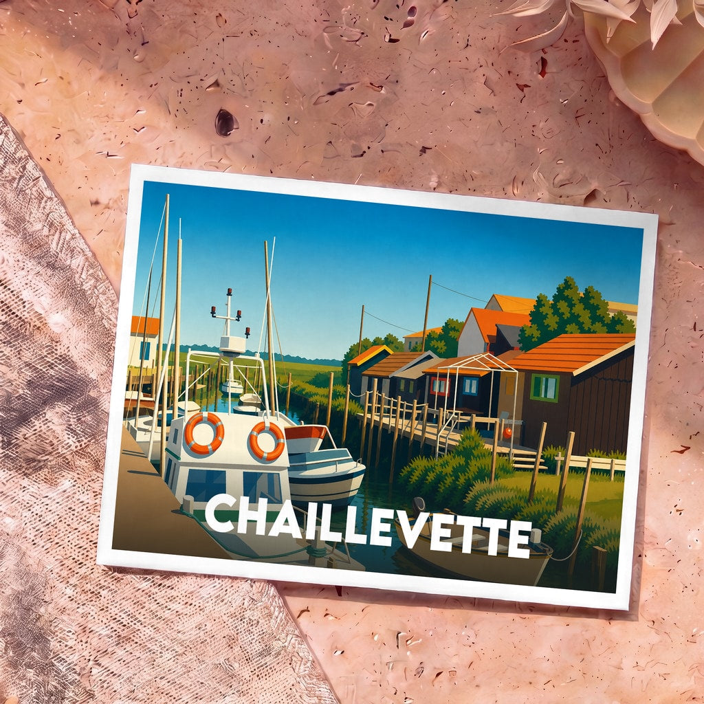 Carte postale souvenir de la ville de Chaillevette avec une illustration stylisée d'un port ostréicole.
