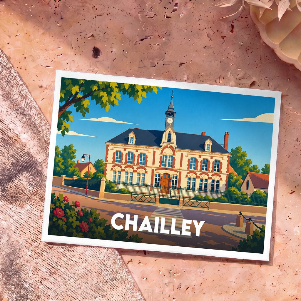 Carte postale souvenir de la ville de Chailley avec une illustration stylisée de sa mairie.