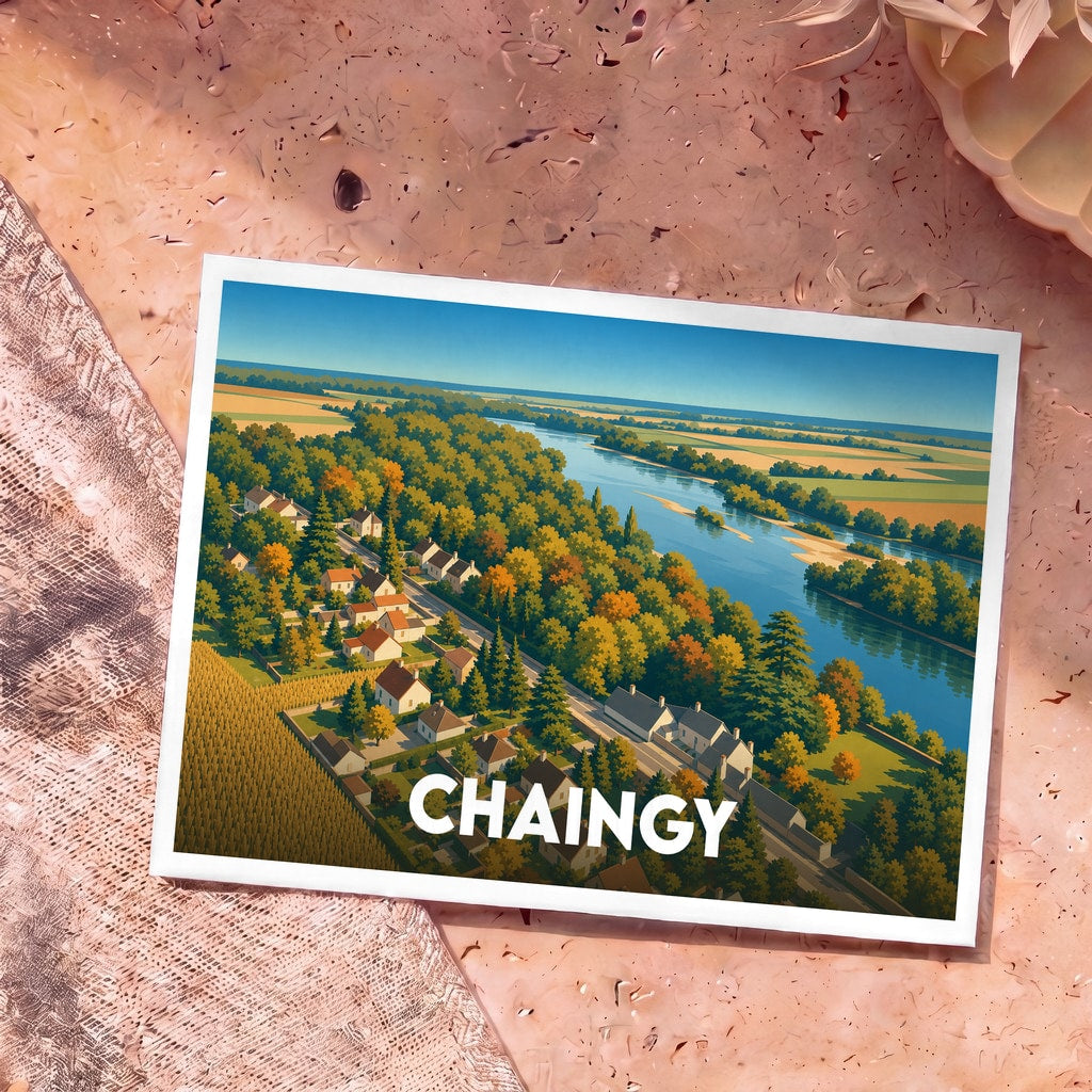 Carte postale souvenir de la ville de Chaingy présentant une illustration stylisée d'un village en bord de Loire.