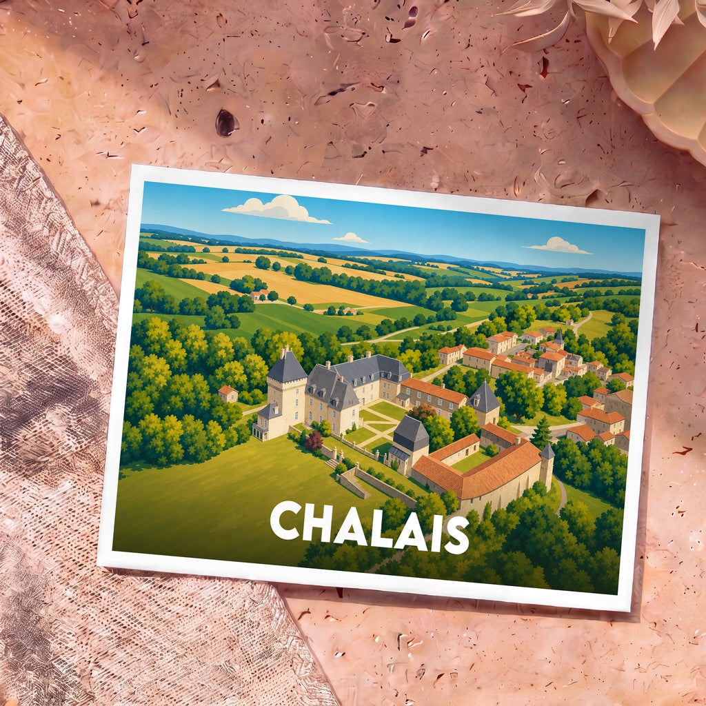 Carte postale souvenir de la ville de Chalais avec une illustration stylisée de son château et de son paysage vallonné.