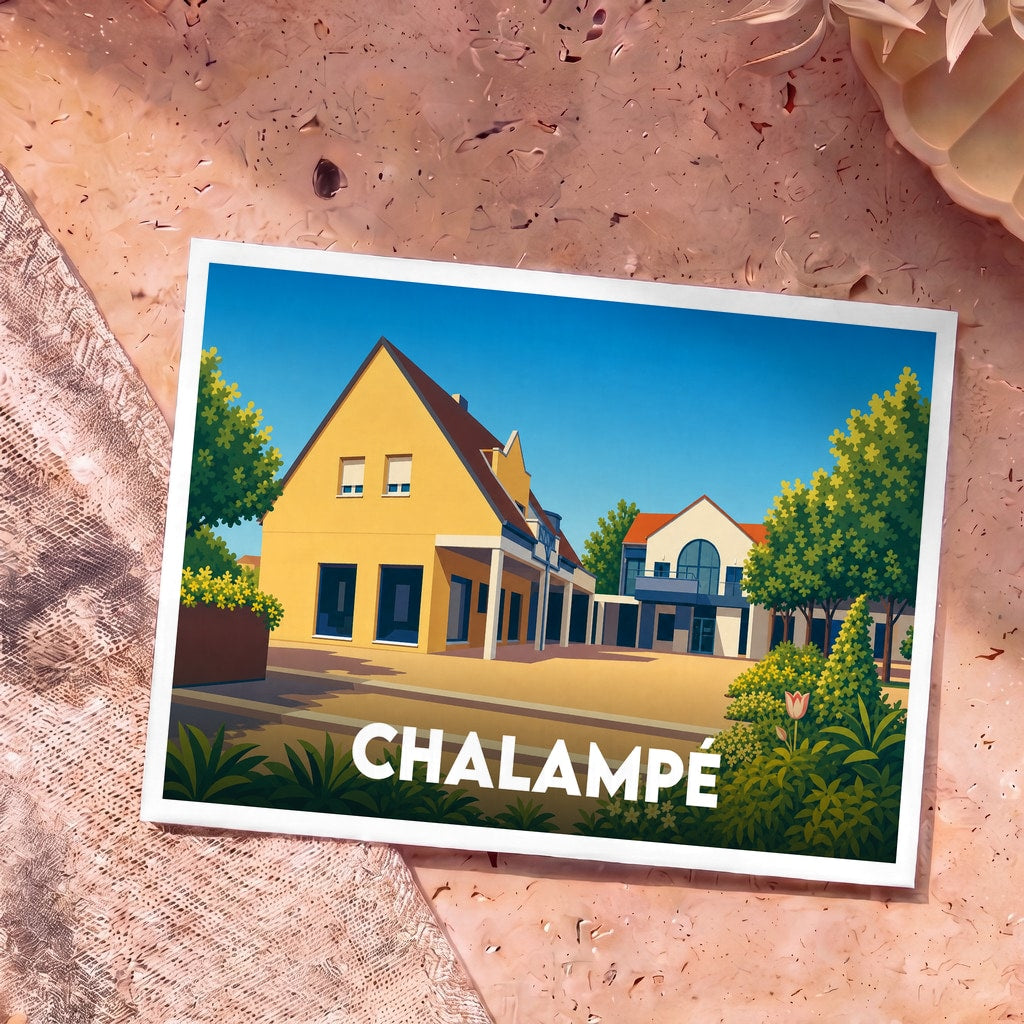 Carte postale souvenir de la ville de Chalampé avec une illustration stylisée et colorée.