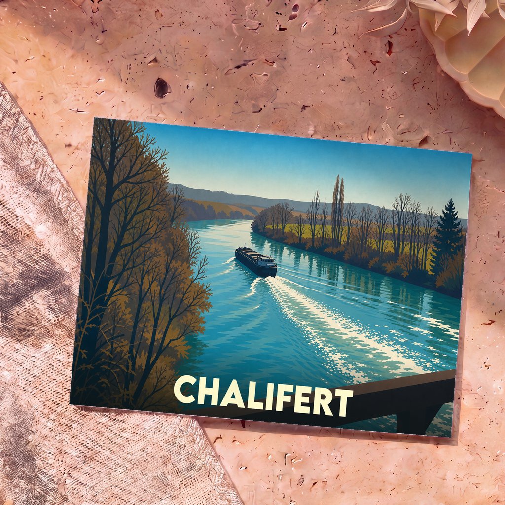 Carte postale souvenir de la ville de Chalifert illustrant une péniche sur la Marne dans un style vintage et coloré.