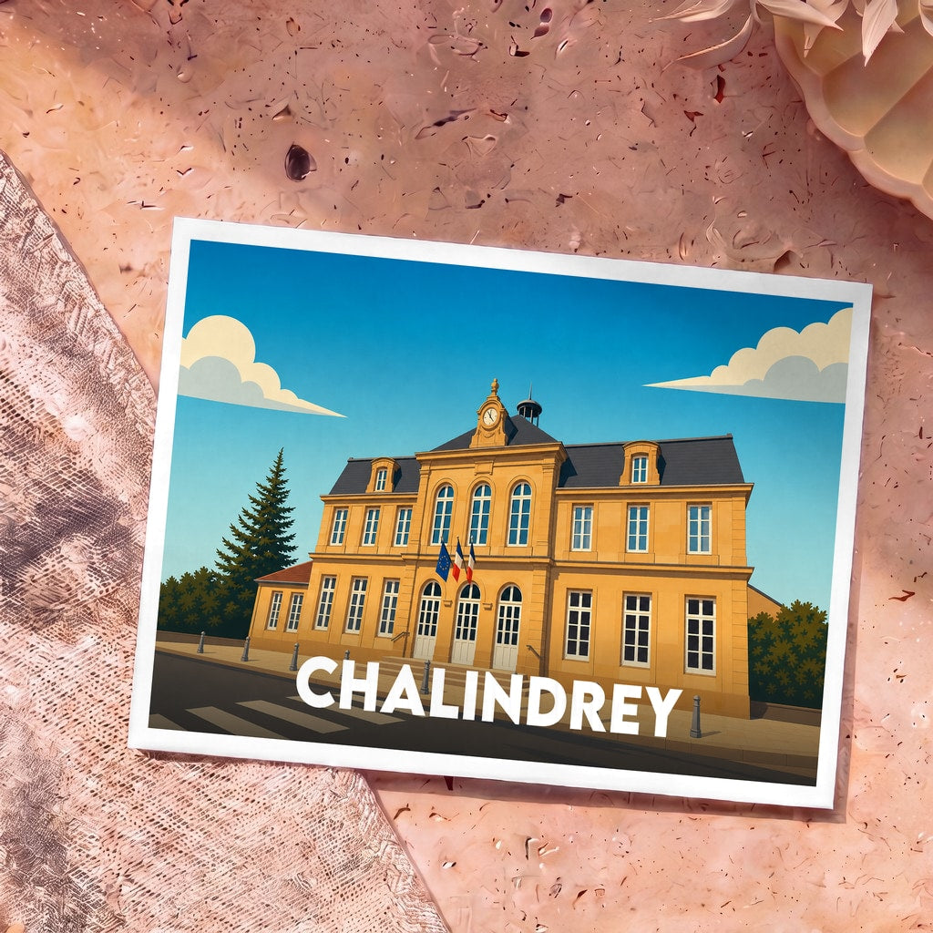 Carte postale souvenir de la ville de Chalindrey illustrant son hôtel de ville dans un style graphique épuré.