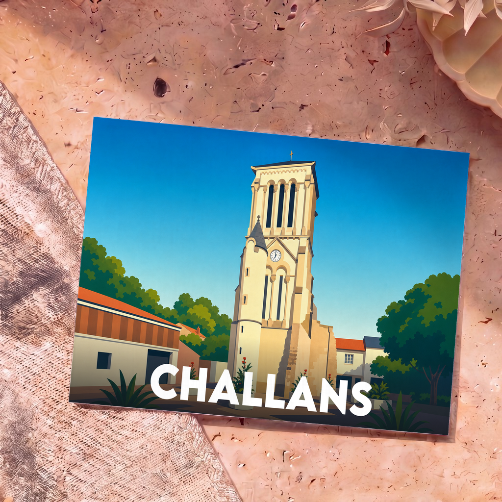 Carte postale souvenir de la ville de Challans avec une illustration stylisée de son église.