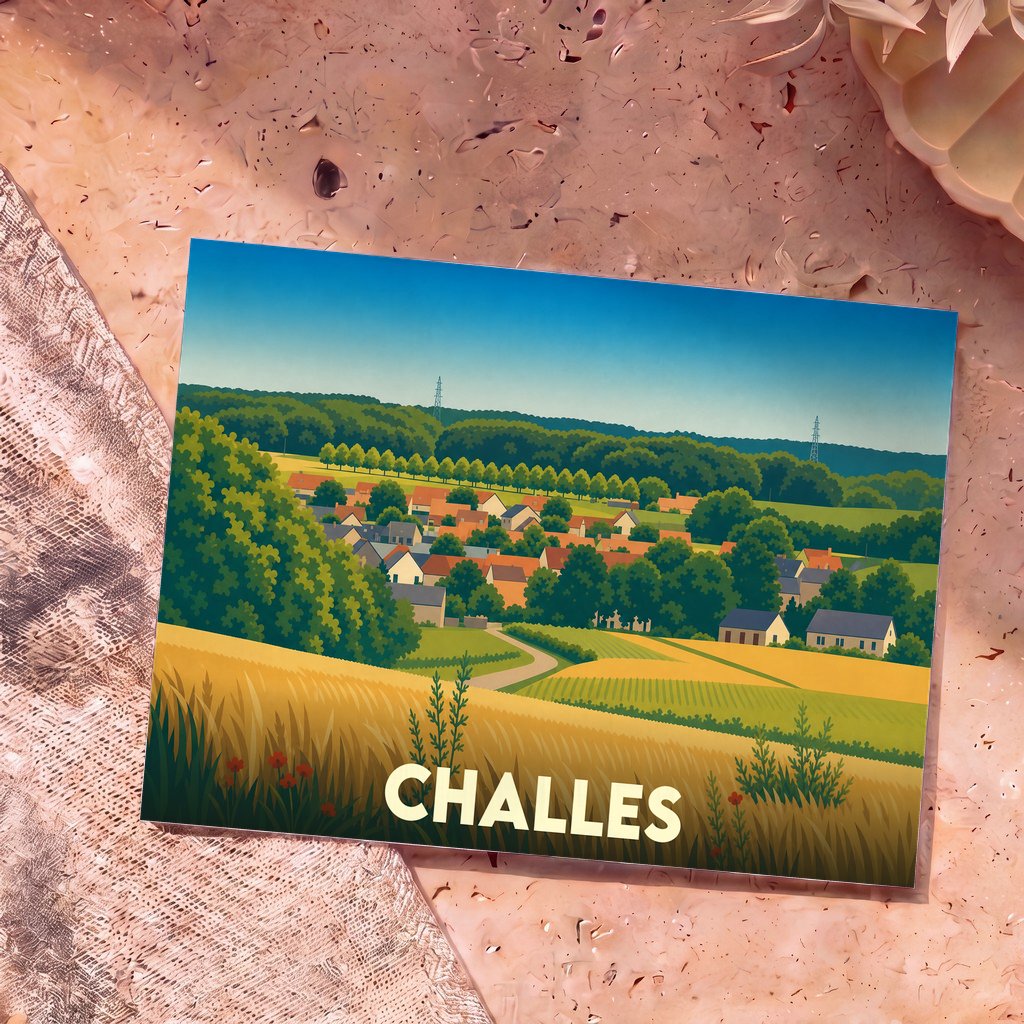 Carte postale souvenir de la ville de Challes avec une illustration stylisée d'un village champêtre.