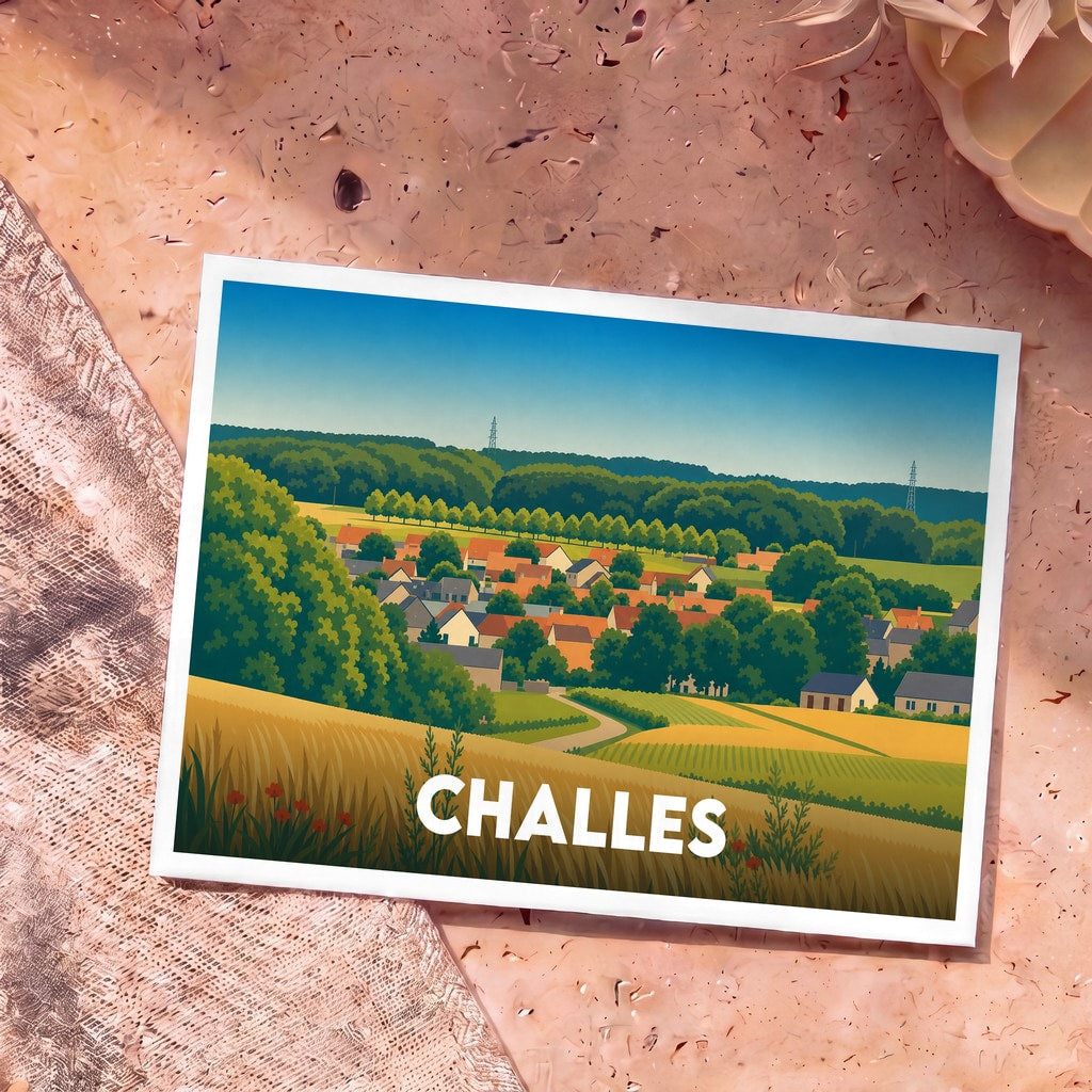 Carte postale souvenir de la ville de Challes avec une illustration stylisée d'un village champêtre.