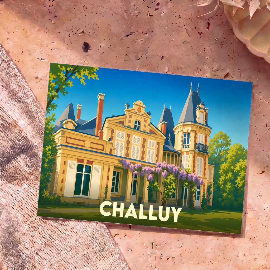 Carte postale souvenir de la ville de Challuy avec une illustration stylisée d'un manoir fleuri.