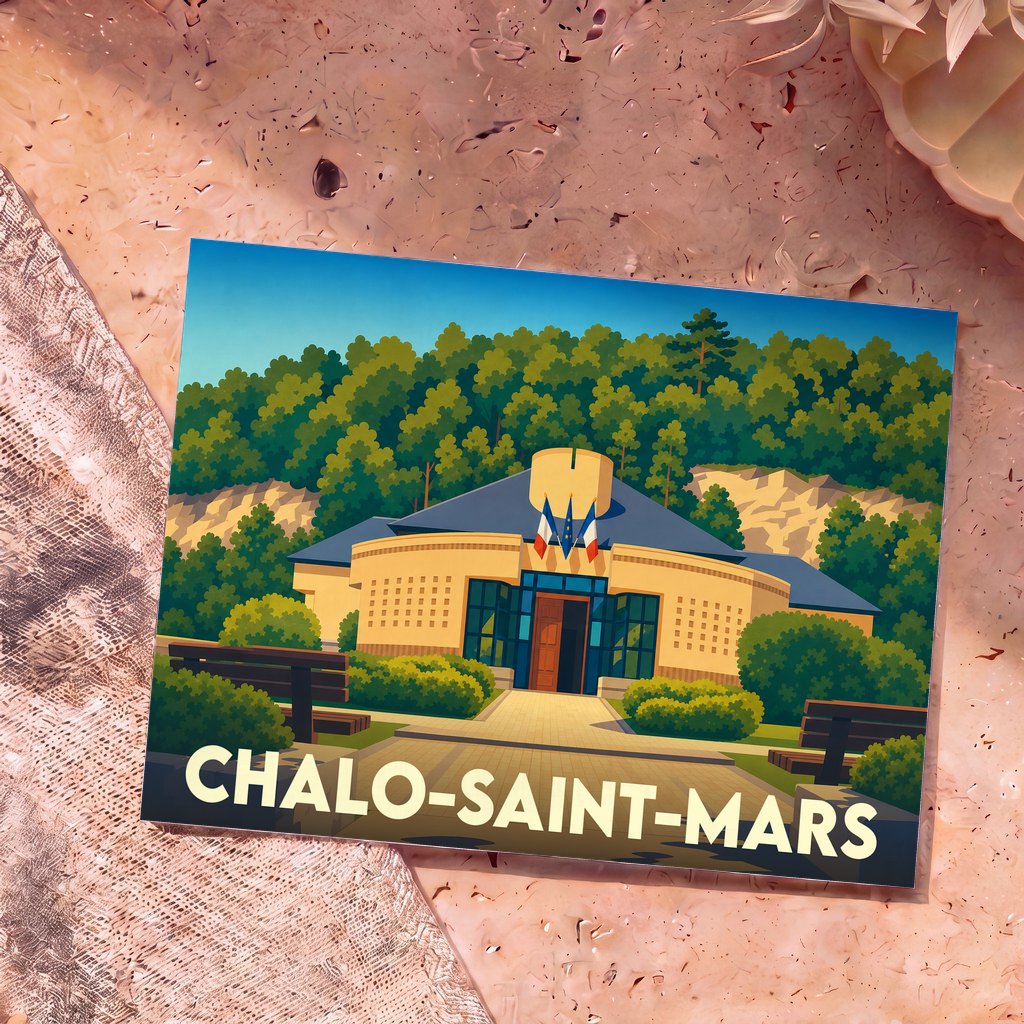 Carte postale souvenir de la ville de Chalo-Saint-Mars avec une illustration stylisée de sa mairie.