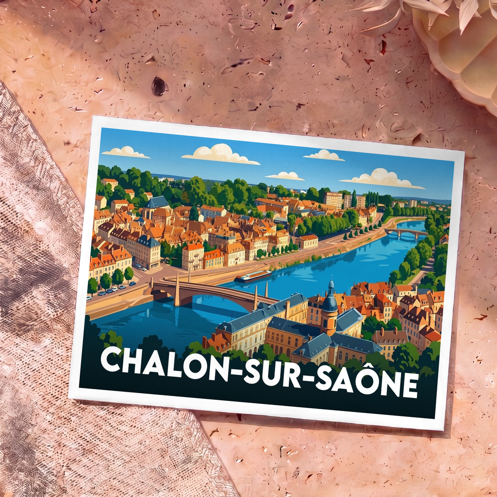 Carte postale souvenir de la ville de Chalon-sur-Saône avec une illustration stylisée représentant les quais de Saône et l'architecture locale.
