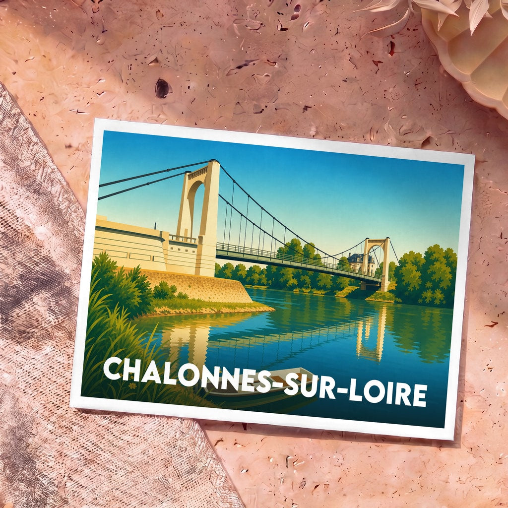 Carte postale souvenir de Chalonnes-sur-Loire illustrant son pont suspendu et la Loire dans un style rétro.
