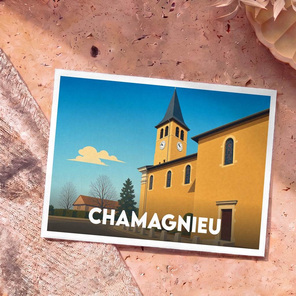 Carte postale souvenir de la ville de Chamagnieu illustrant son église dans un style graphique épuré.