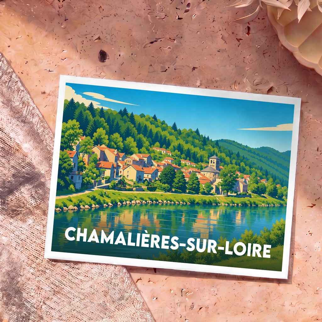 Carte postale souvenir de la ville de Chamalières-sur-Loire illustrant un village au bord de l'eau dans un style graphique épuré.