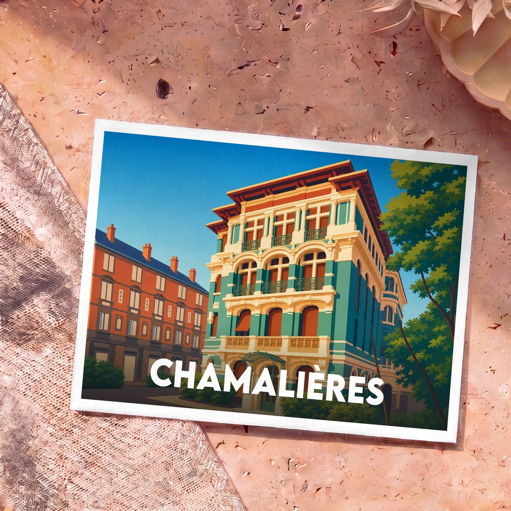 Carte postale souvenir de la ville de Chamalières avec une illustration stylisée de bâtiments colorés.