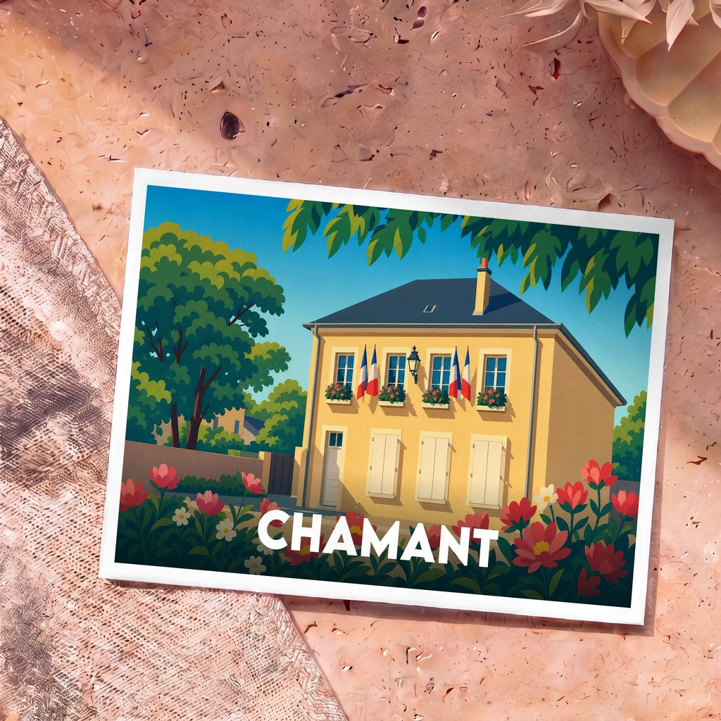 Carte postale souvenir de la ville de Chamant avec une illustration stylisée d'une maison typique ornée de drapeaux français.