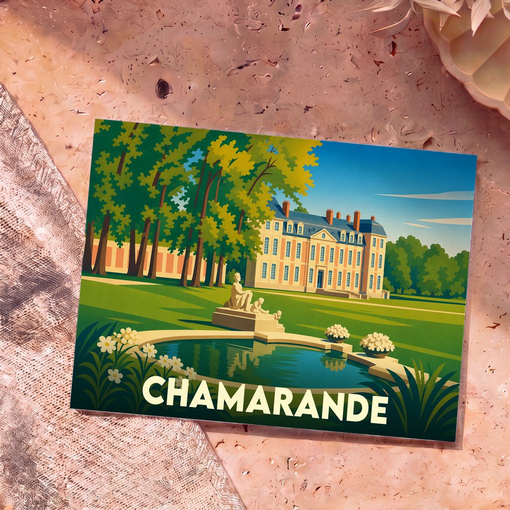 Carte postale souvenir du domaine de Chamarande avec une illustration stylisée de son château et de son parc.
