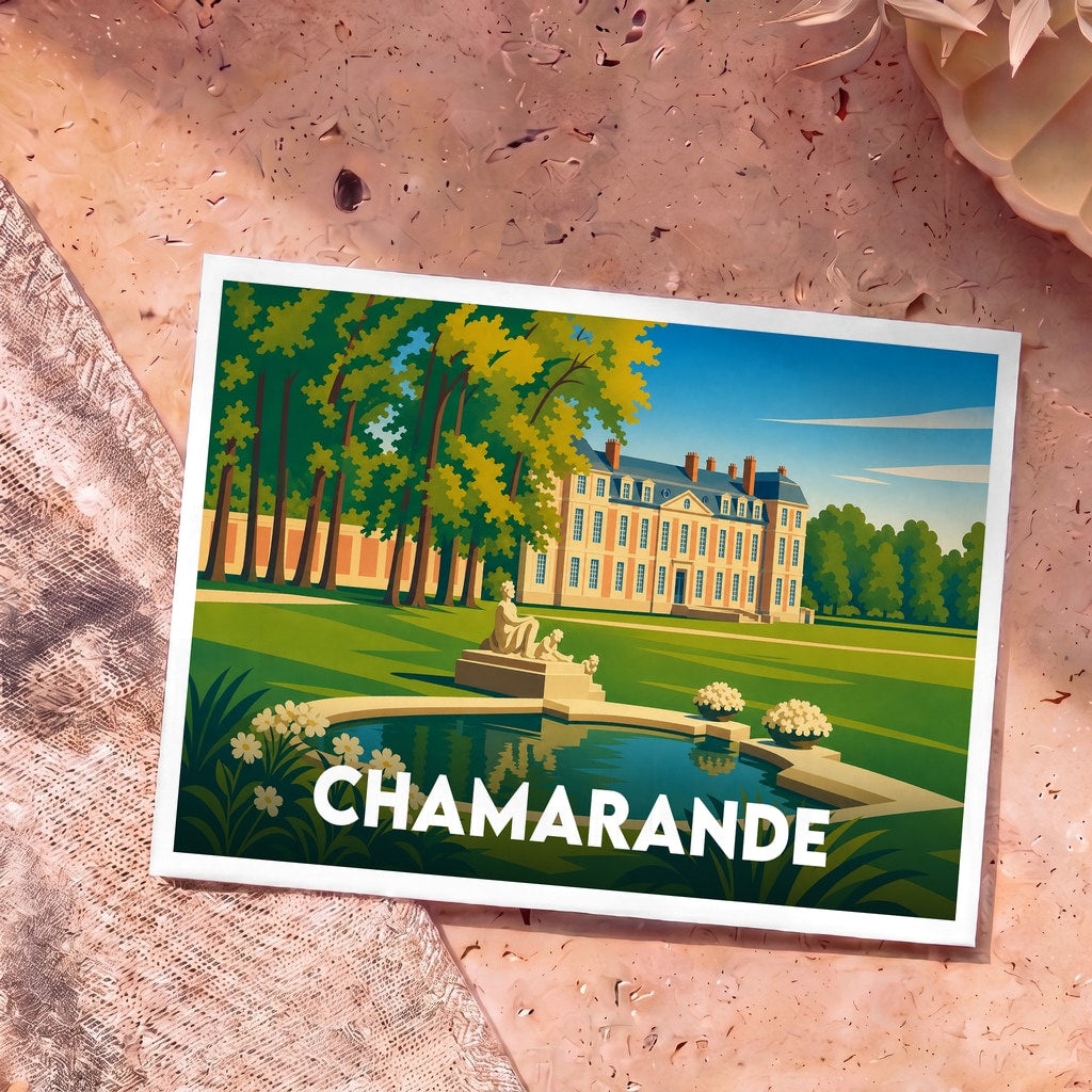Carte postale souvenir du domaine de Chamarande avec une illustration stylisée de son château et de son parc.