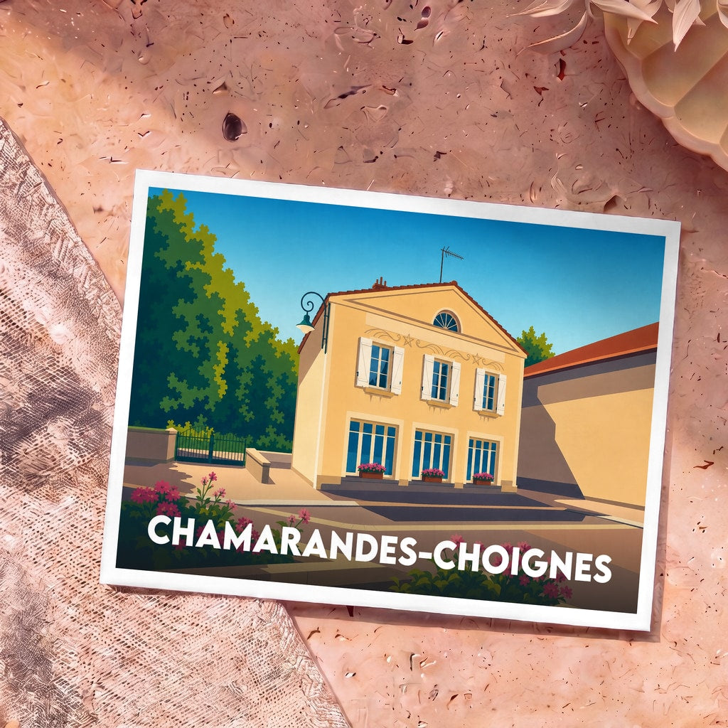 Carte postale souvenir de la ville de Chamarandes-Choignes avec une illustration stylisée d'une maison traditionnelle.
