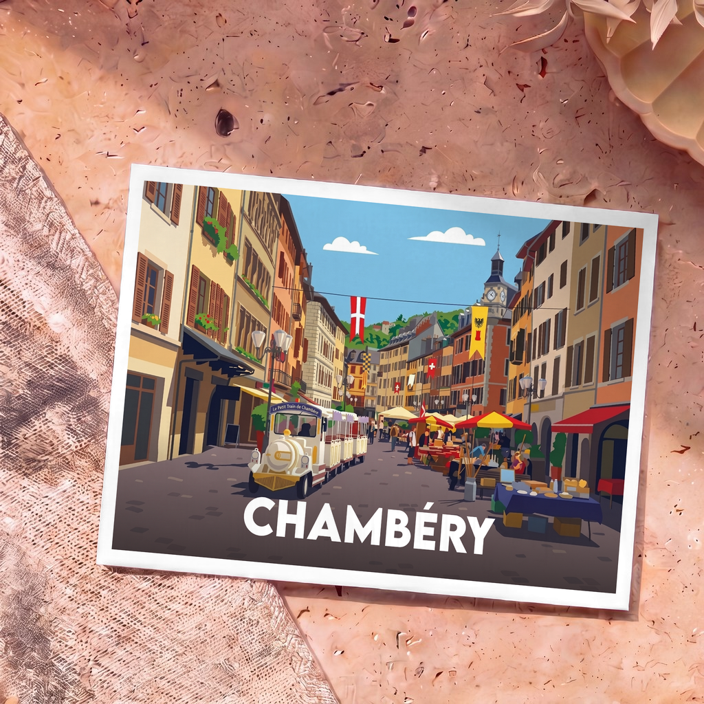 Carte postale souvenir de la ville de Chambéry arborant une illustration stylisée et colorée de ses rues animées.