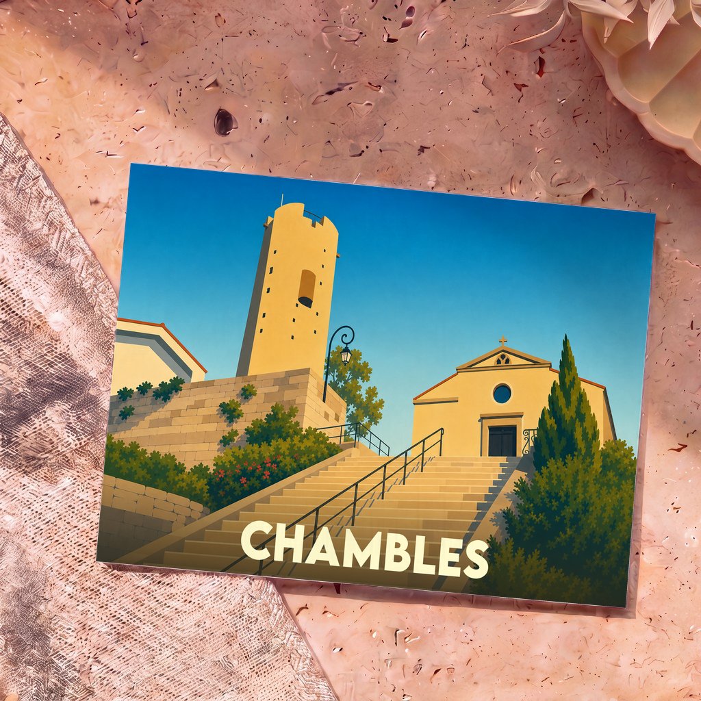 Carte postale souvenir de la ville de Chambles avec une illustration stylisée de son église et de sa tour.
