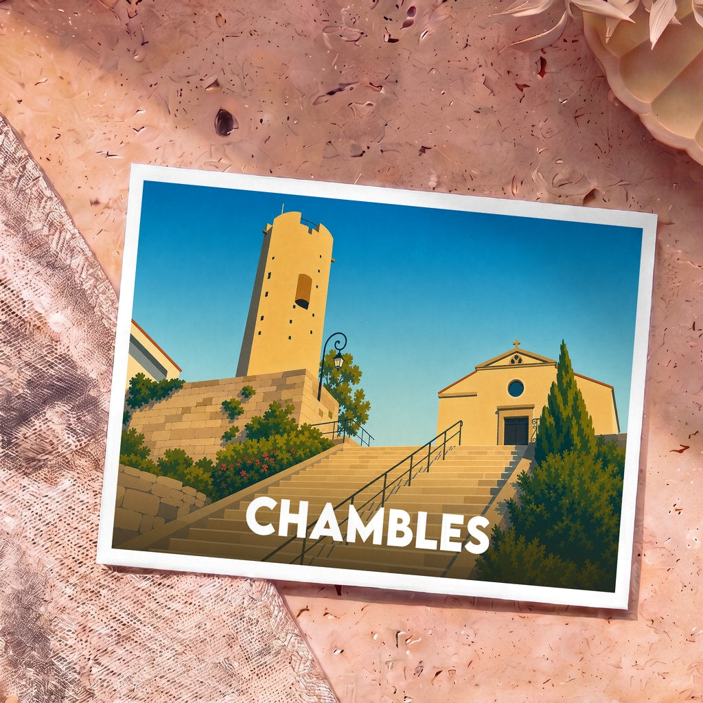 Carte postale souvenir de la ville de Chambles avec une illustration stylisée de son église et de sa tour.