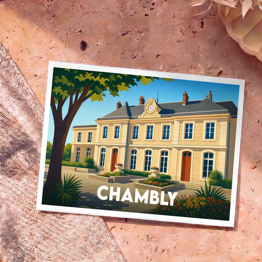 Carte postale souvenir de la ville de Chambly arborant une illustration stylisée de son hôtel de ville.