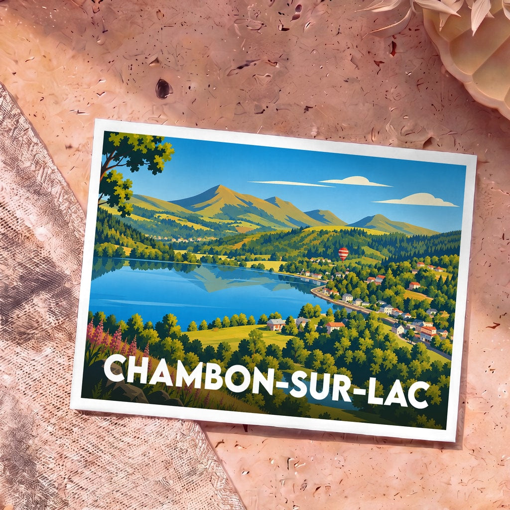Carte postale souvenir de Chambon-sur-Lac avec une illustration stylisée du lac et des montagnes.