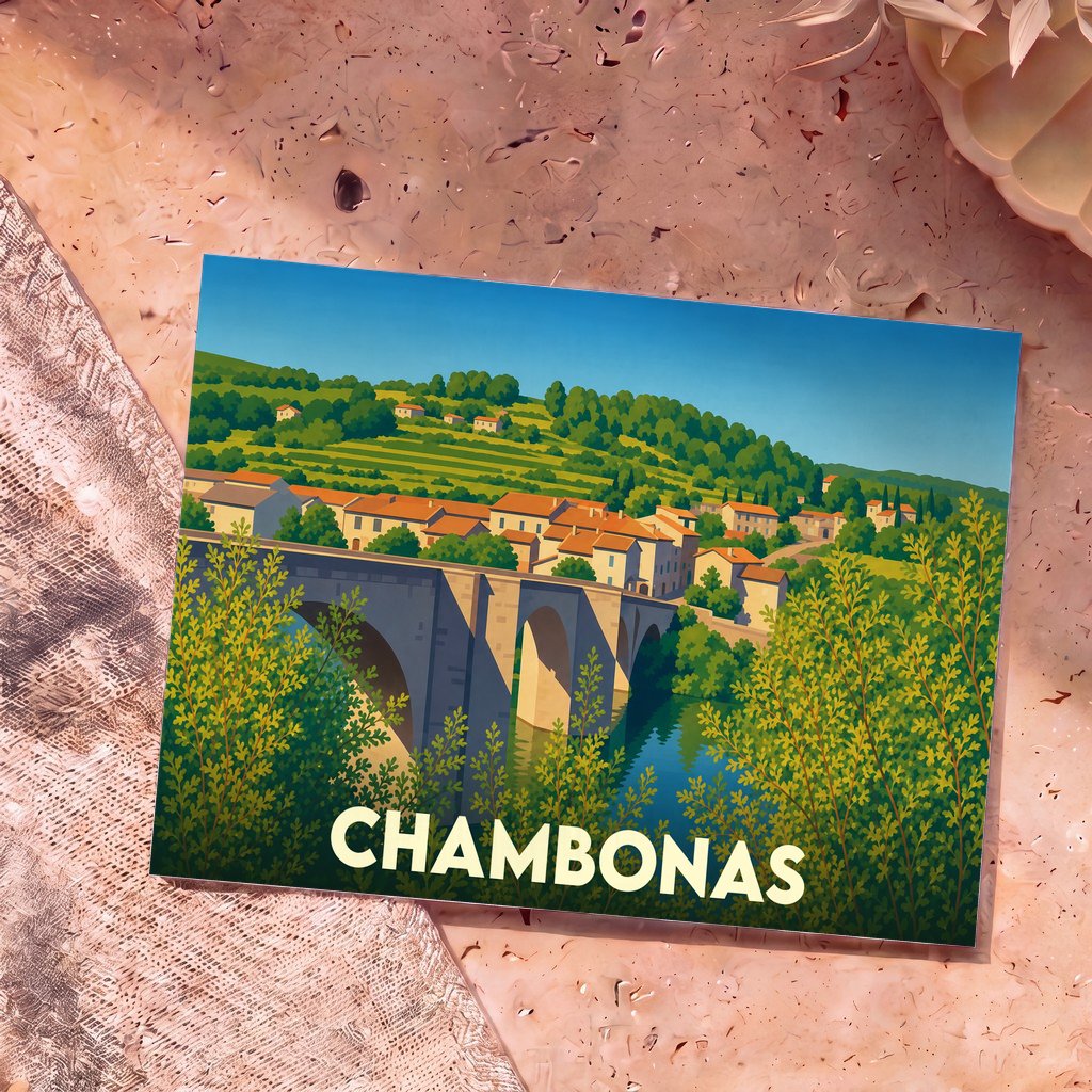 Carte postale souvenir de la ville de Chambonas avec une illustration stylisée d'un pont en pierre et d'un village vallonné.