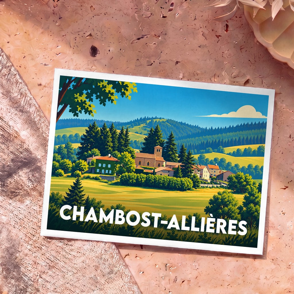 Carte postale souvenir de la ville de Chambost-Allières illustrée d'un paysage de campagne vallonné.