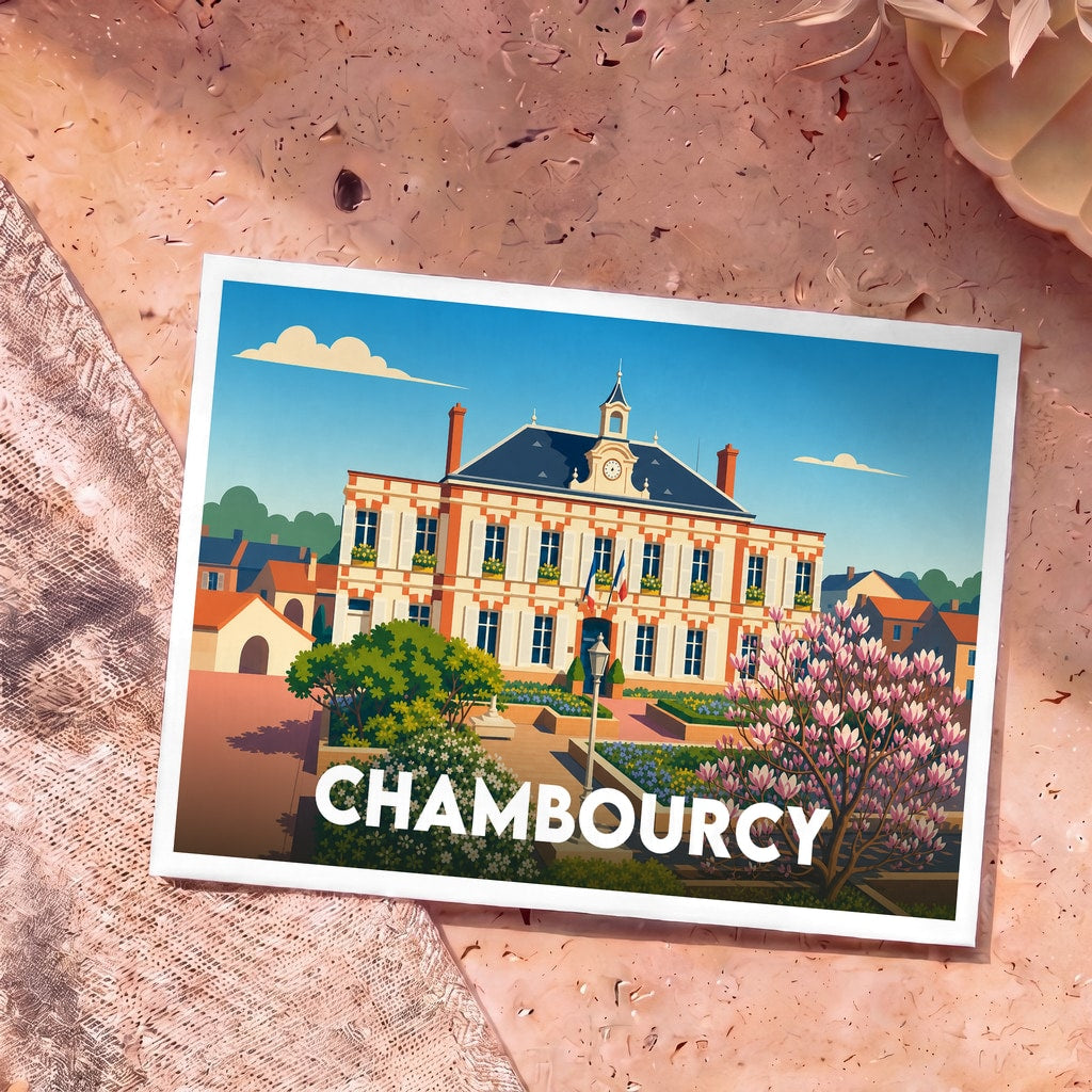 Carte postale souvenir de la ville de Chambourcy arborant une illustration stylisée de son hôtel de ville fleuri.