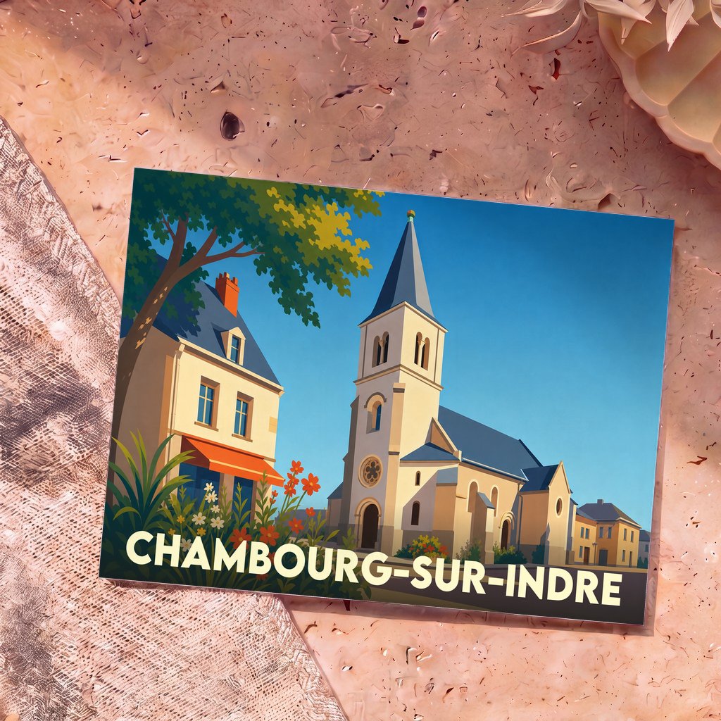 Carte postale souvenir de la ville de Chambourg-sur-Indre avec une illustration stylisée de son église et de ses maisons.