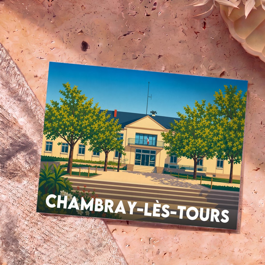 Carte postale souvenir de la ville de Chambray-lès-Tours illustrant son hôtel de ville dans un style graphique épuré.