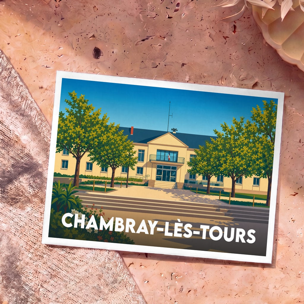 Carte postale souvenir de la ville de Chambray-lès-Tours illustrant son hôtel de ville dans un style graphique épuré.