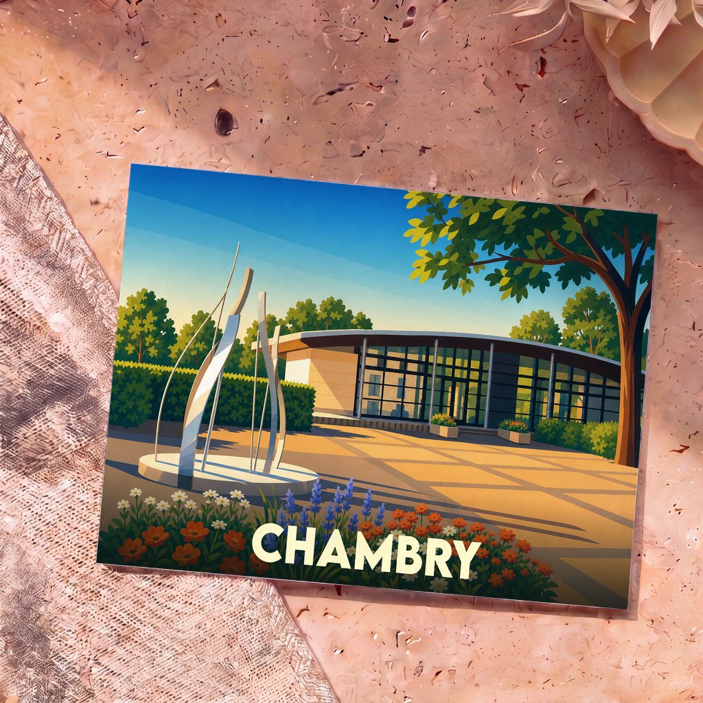 Carte postale souvenir de la ville de Chambry avec une illustration stylisée et colorée.