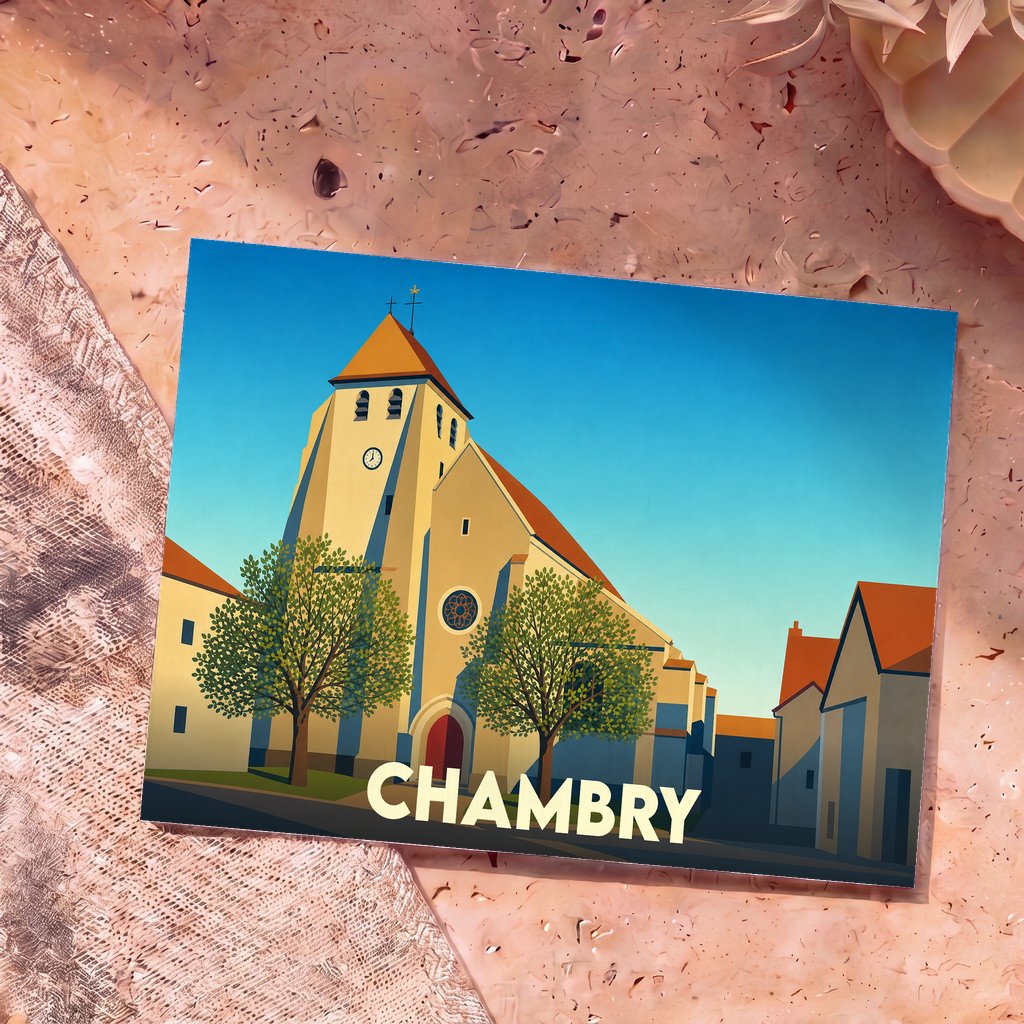 Carte postale souvenir de la ville de Chambry illustrant son église dans un style graphique épuré.