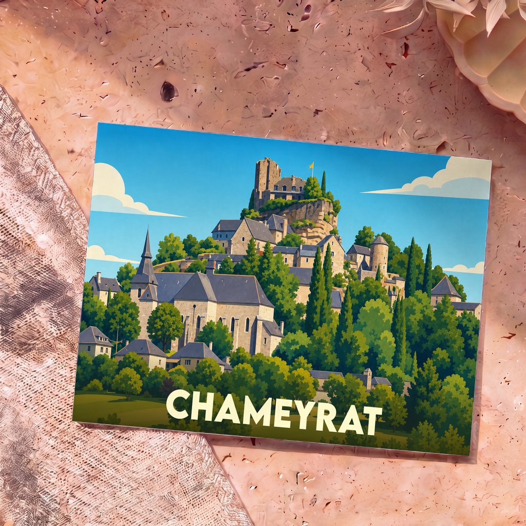 Carte postale souvenir de la ville de Chameyrat avec une illustration stylisée de son village perché.